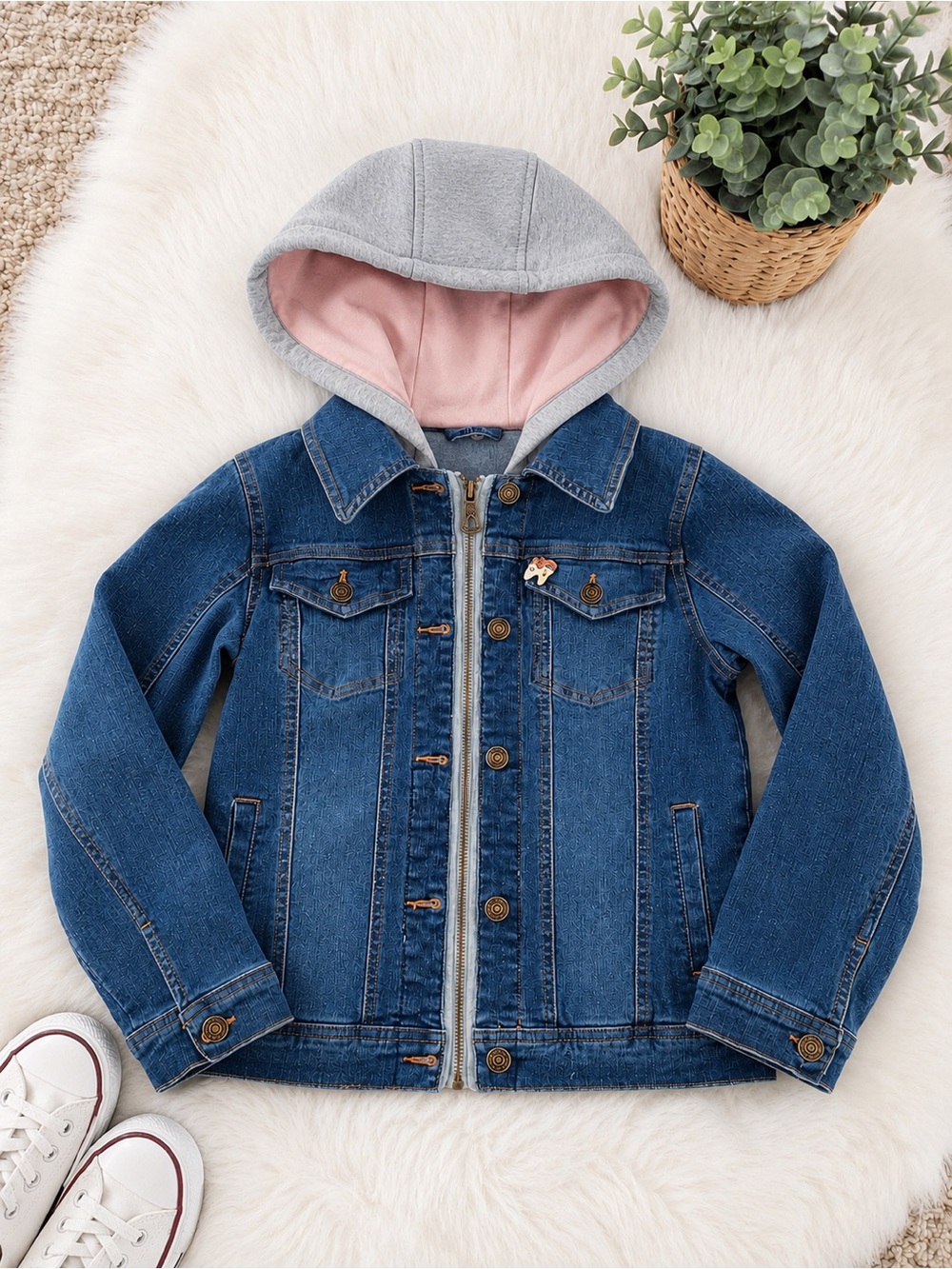 Urban Republic Girl’s Blue Denim Jacket Gray Hood & Pin! - Picture 1 of 11